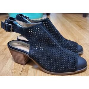 Lucky Brand Bertel Slingback Sandals Women 8.5 M Black Brown Block Heel Peep Toe